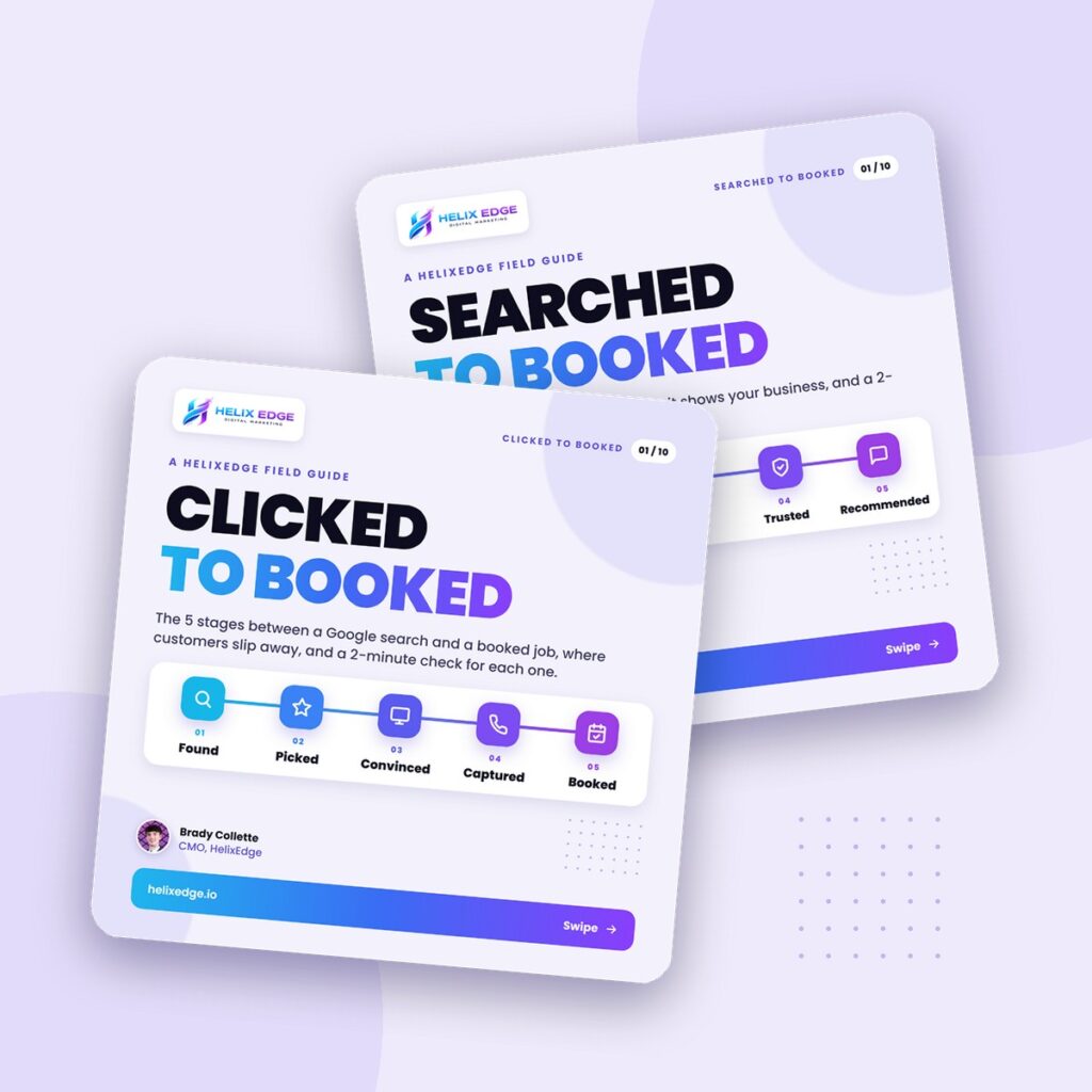 Clicked to Booked and Searched to Booked free guide covers from HelixEdge