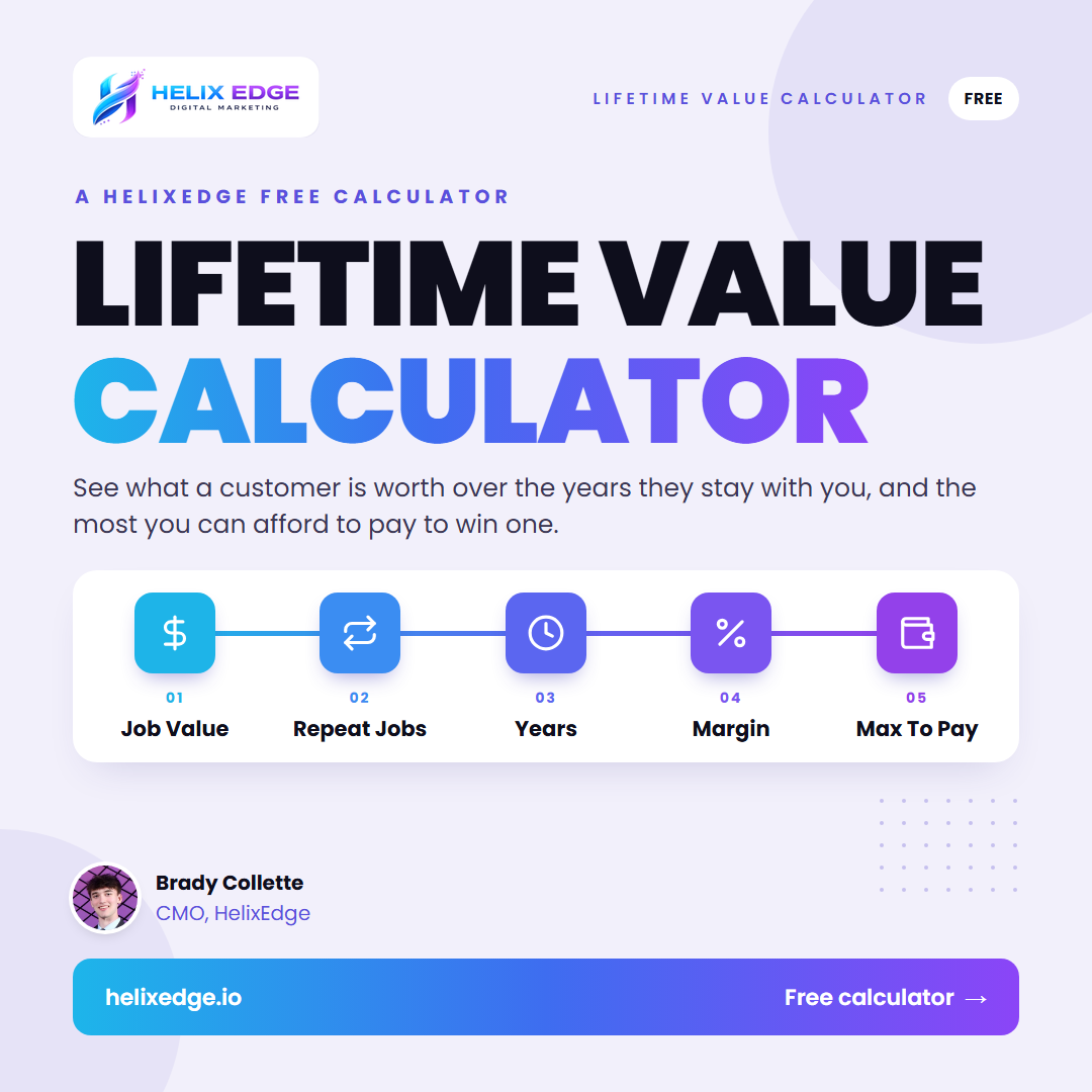 Lifetime Value Calculator cover showing the 5 inputs from job value to max cost per customer