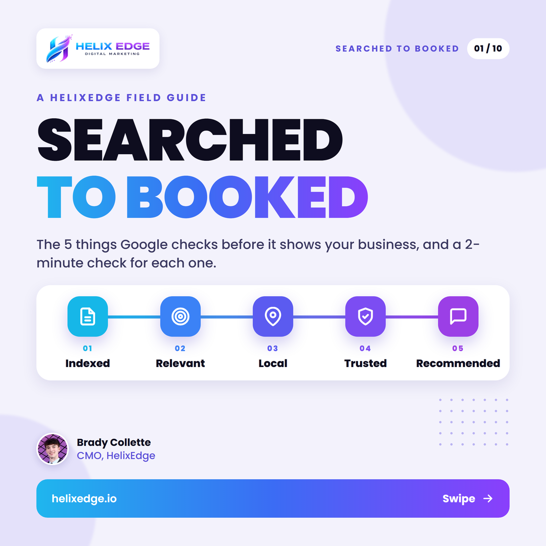 Searched to Booked guide cover showing the 5 things Google checks